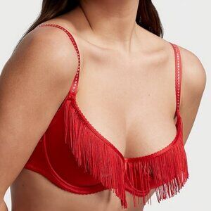 Victoria’s Secret Very Sexy Red Fringe Open Quarter Cup Bra Size S-DD NWT